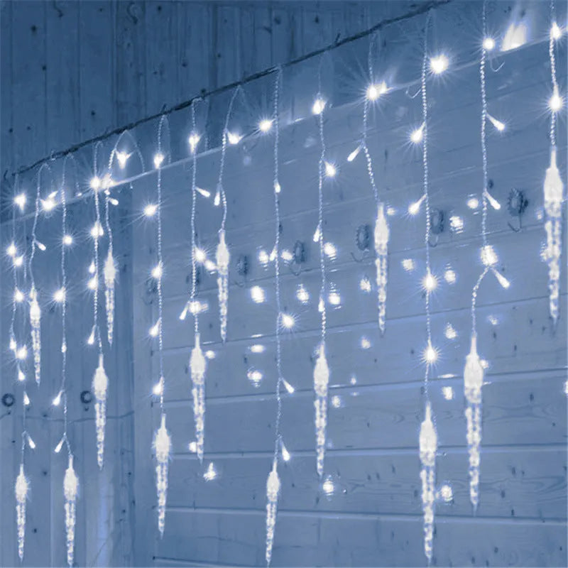 Icicle light bar with 96 LED lamp beads on a 3.5m string, showing 8 lighting modes for outdoor party decor