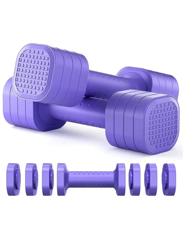 A pair of 5lb detachable dumbbells for women's fitness, shown in a choice of pink, blue, black, or purple colours.