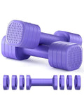 A pair of 5lb detachable dumbbells for women's fitness, shown in a choice of pink, blue, black, or purple colours.