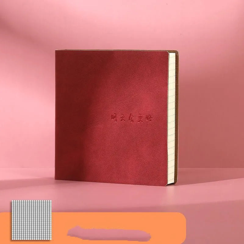 A5 square notebook with textured mesh leather cover in avocado green, showing blank internal Daolin paper.