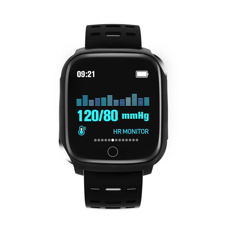 F16 Smart Watch with ECG monitoring on wrist showing black/green silicone band and 43mm display