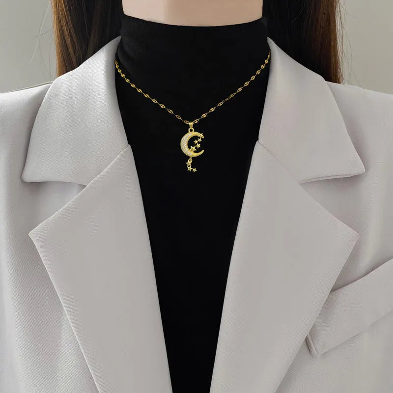 Moon diamond necklace with copper geometric pendant on stainless steel tassel chain