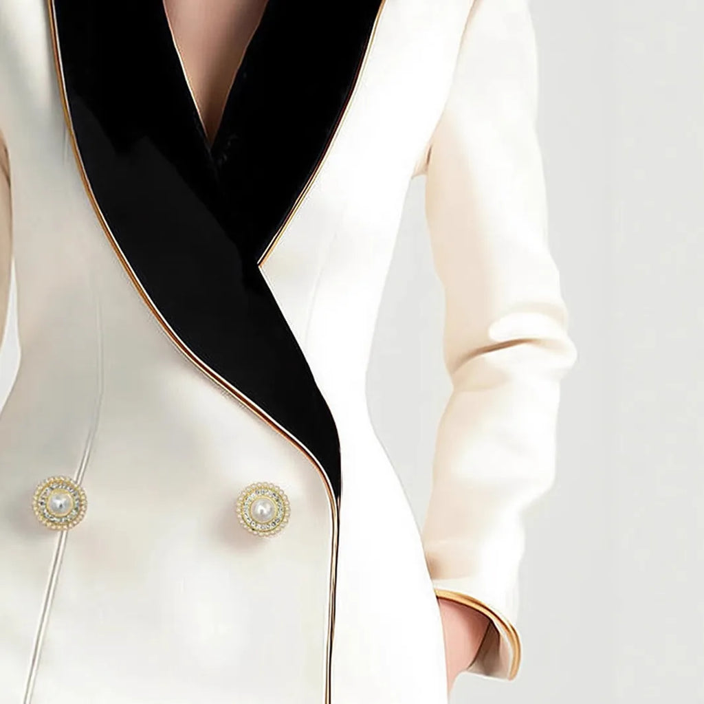 Milky white women's long sleeve coat with golden edge trim and pearl buttons