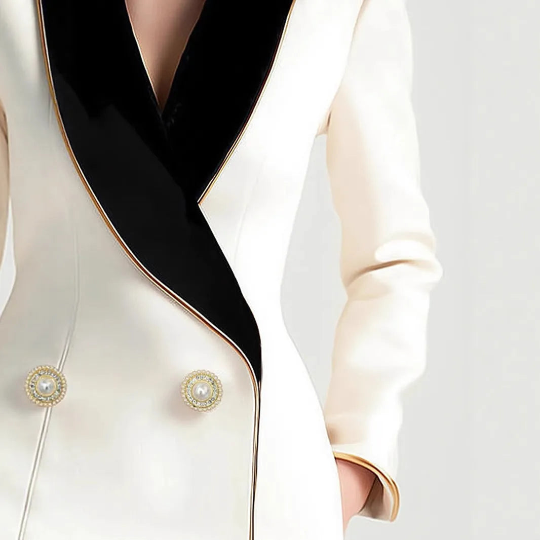 Milky white women's long sleeve coat with golden edge trim and pearl buttons
