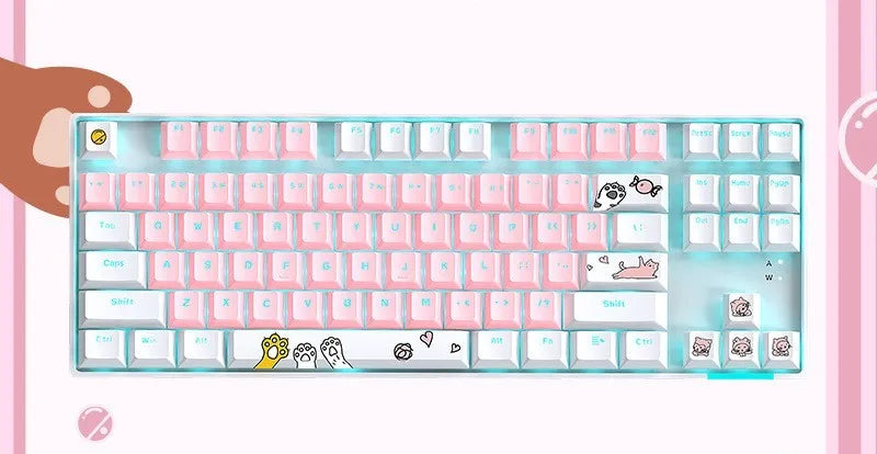 87-key RGB green shaft mechanical keyboard with metal panel, pink and white colour, and cotton hand rest