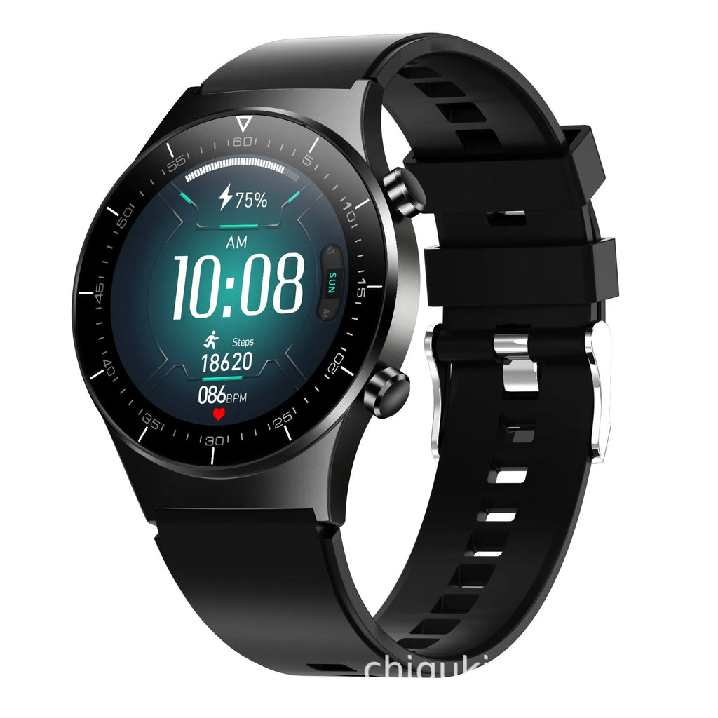 Black smart watch with TPU wristband showing 1.3 inch screen displaying heart rate and blood pressure readings