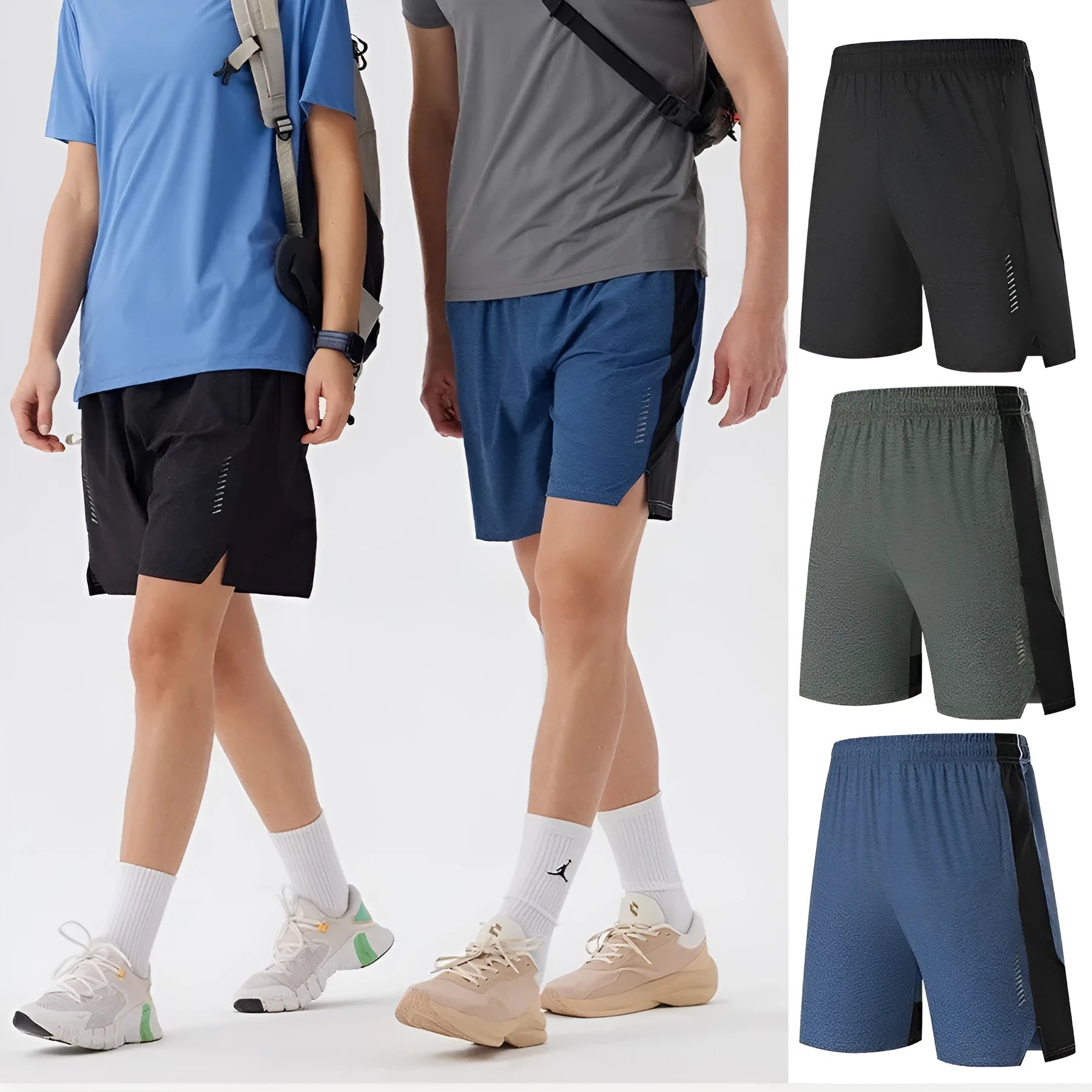 Men's forest green five-point spandex casual shorts laid flat, showing mid waist and short leg design.