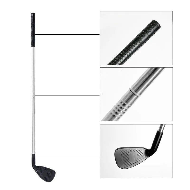 Metal golf practice club shown in two colour options: adult club and children's club for outdoor sports.