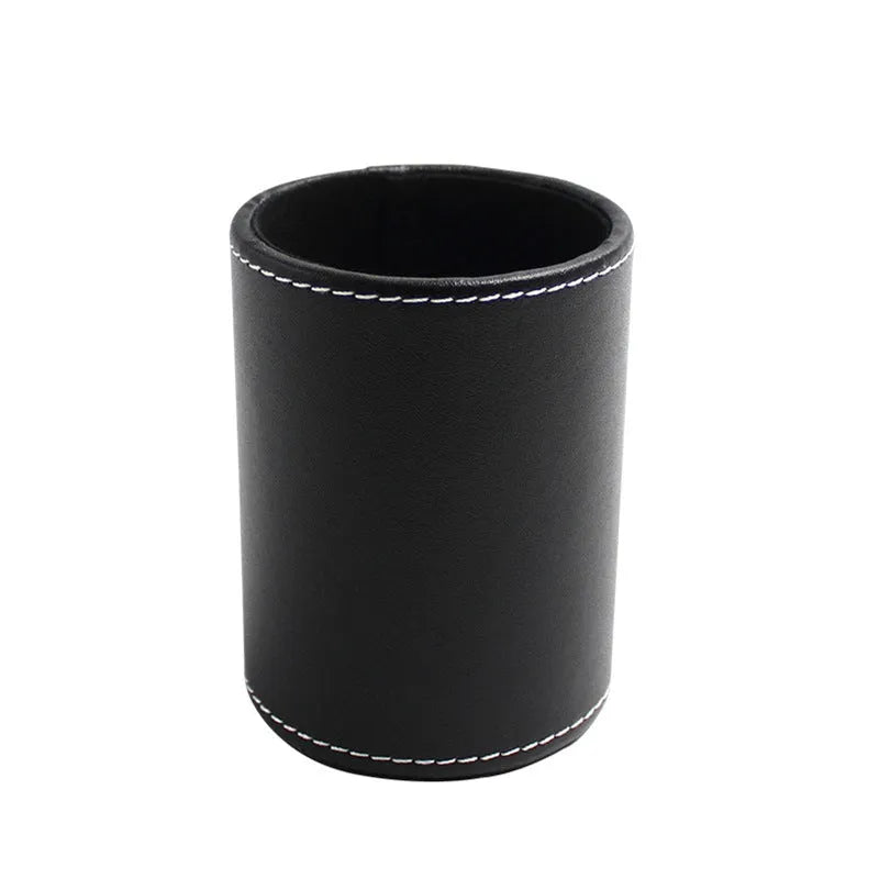 Round black leather pen holder showing 8cm diameter and 10.8cm height dimensions