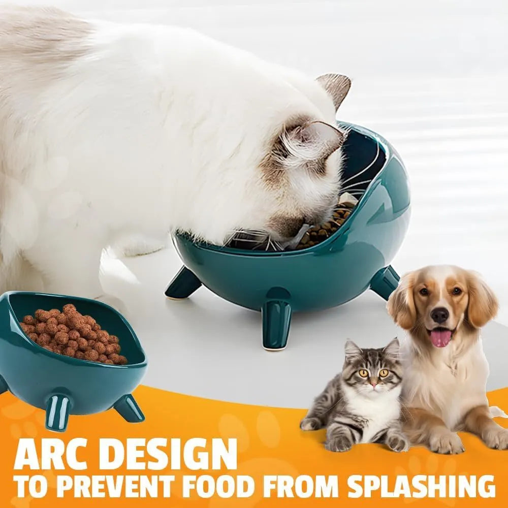 Green four-legged ceramic pet bowl for cats and small dogs on floor