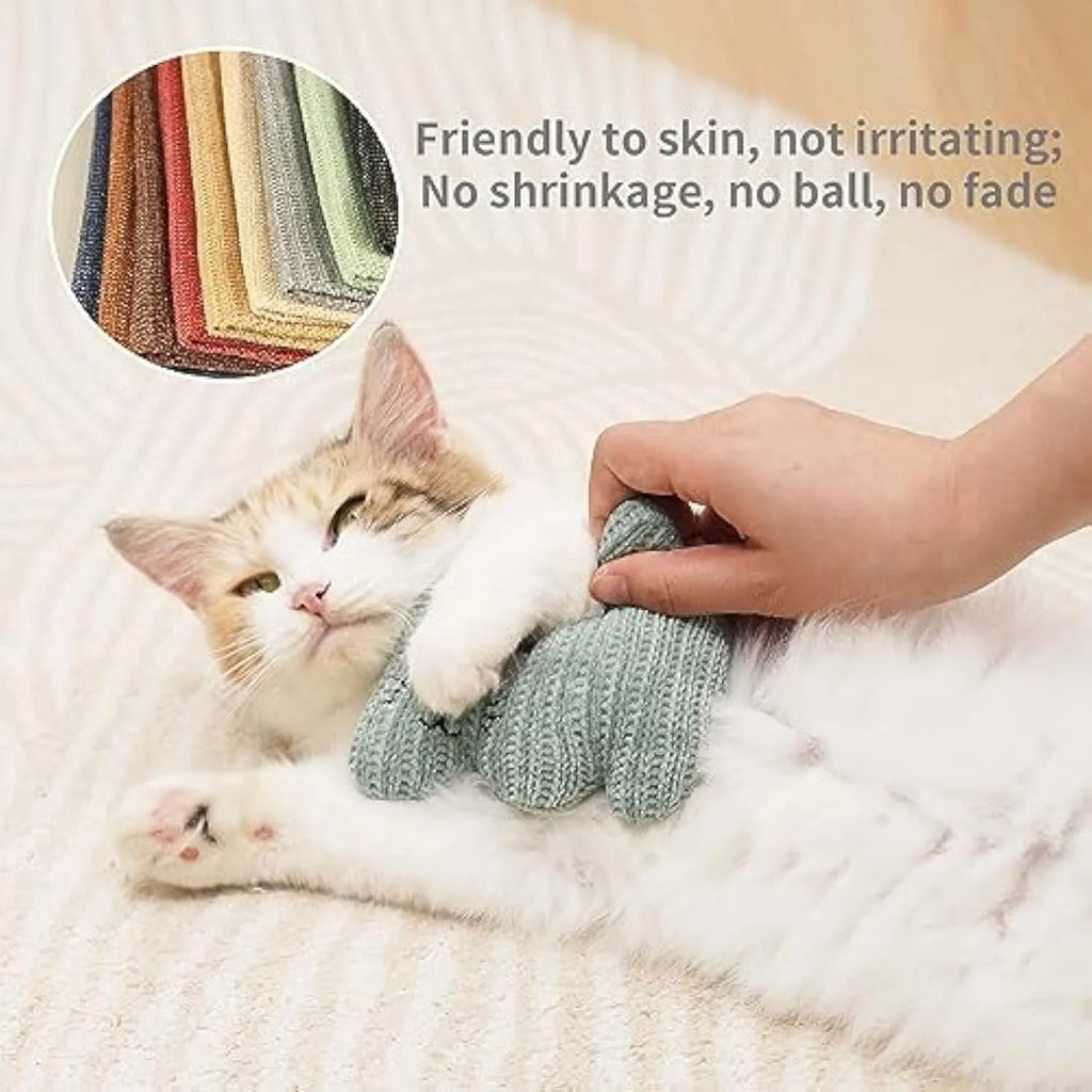 Cyan knitted plush cat toy with bell measuring 12cm by 11cm for cats to chew and play with