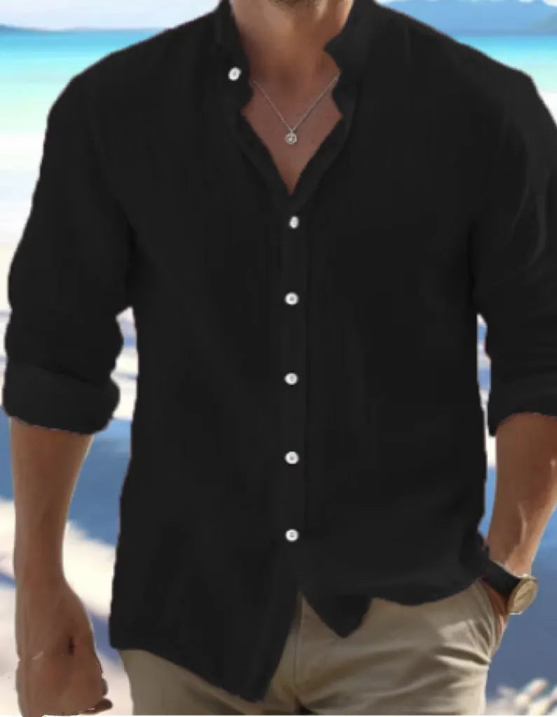 Men's light grey linen button-down summer shirt with a casual pullover style on a hanger.
