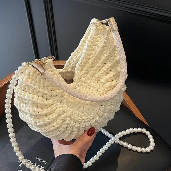 Handmade woven bag women's shell shape cloth crossbody double shoulder straps Milky White finished product