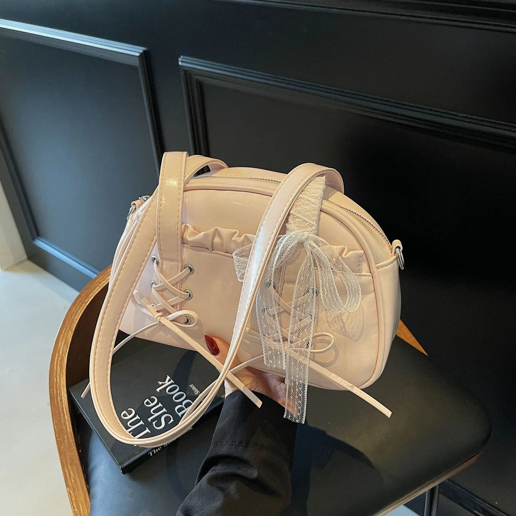 Casual ladies shoulder handbag with bandage bow detail and mobile phone pocket in PU leather