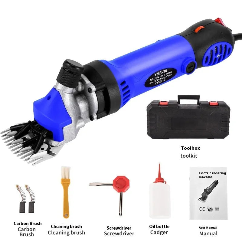 Yellow electric wool shears with 13-tooth straight blade and multiple accessory sets