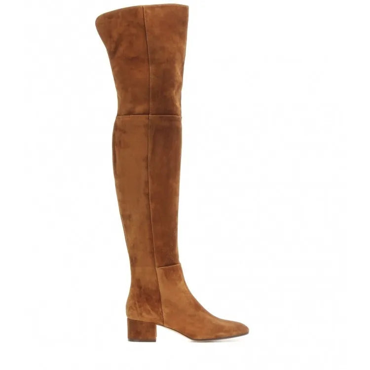 Grey women's flat over the knee suede boots with a pointed toe and low thick heel.
