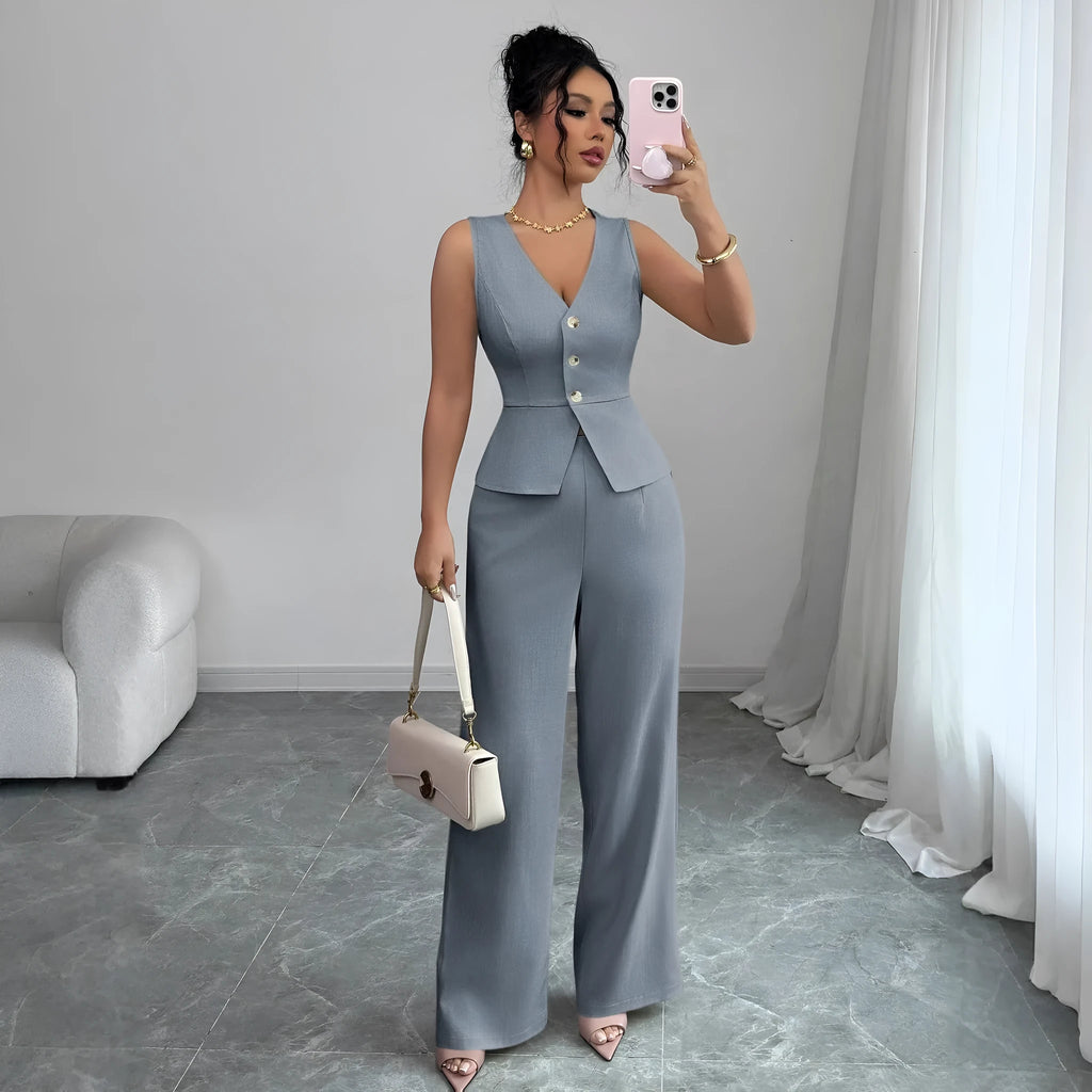 Women's black sleeveless vest and high waist trousers two-piece casual set