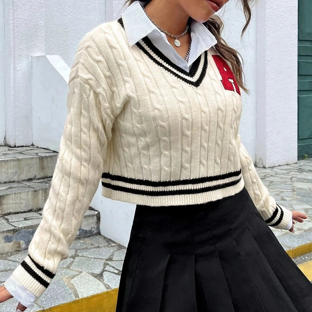Women's V-neck slim striped knitted shirt with patch detail in creamy white, pullover style