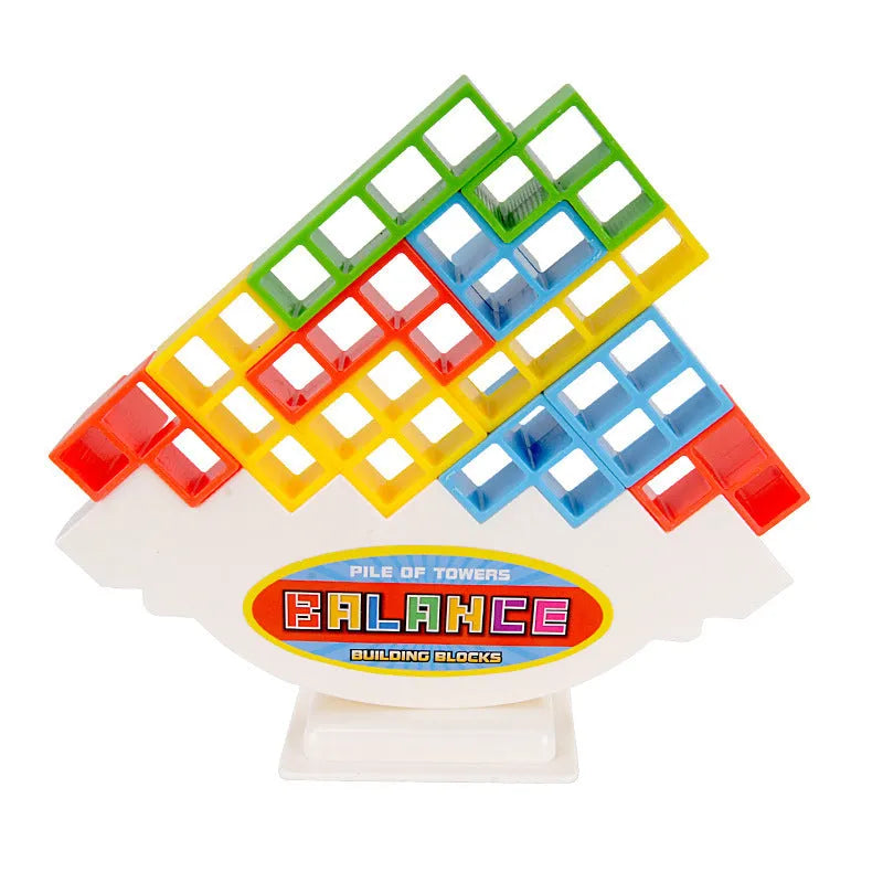 Balance stacking game with 16 plastic building blocks, chassis, and base on a table