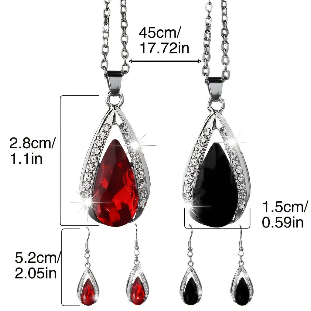 Black and red alloy water droplet pendant necklace and matching earrings jewellery suite.