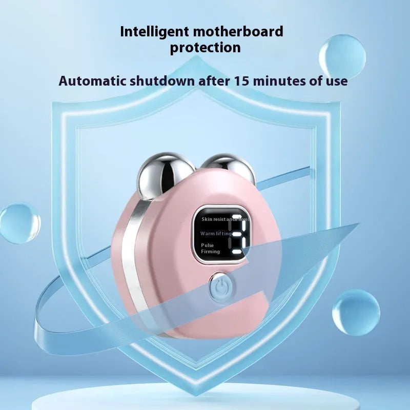 Portable white facial massage instrument with dual rollers and a USB charging cable.