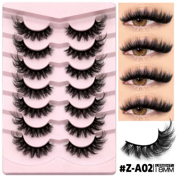 Box of artificial fibre false eyelashes in six styles with a tube of adhesive glue.