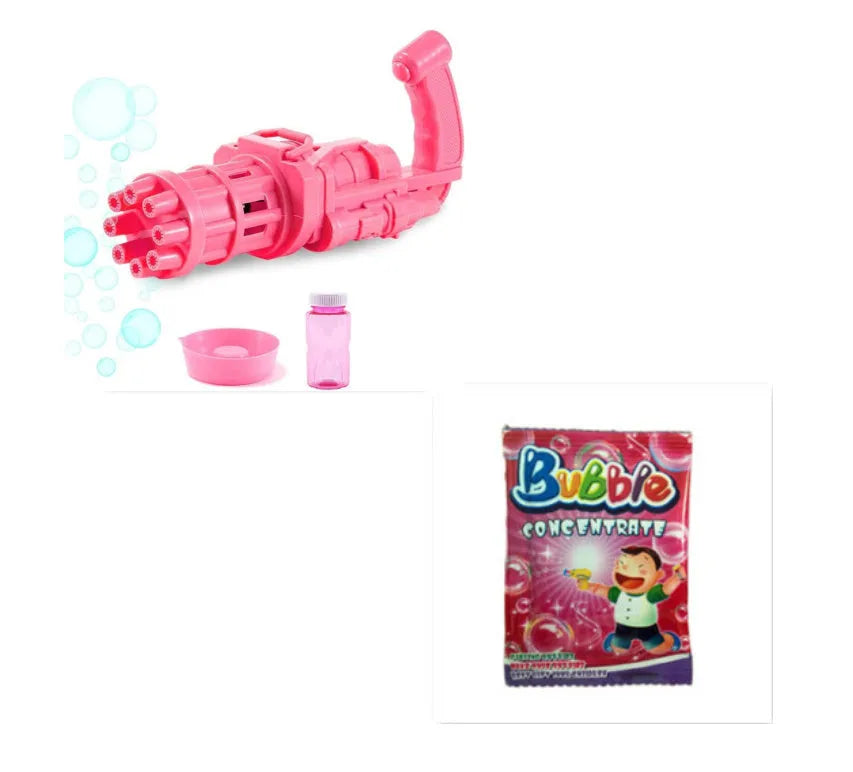 Children's bubble machine gun toy in pink, gold, or black colours with battery compartment and bubble solution.