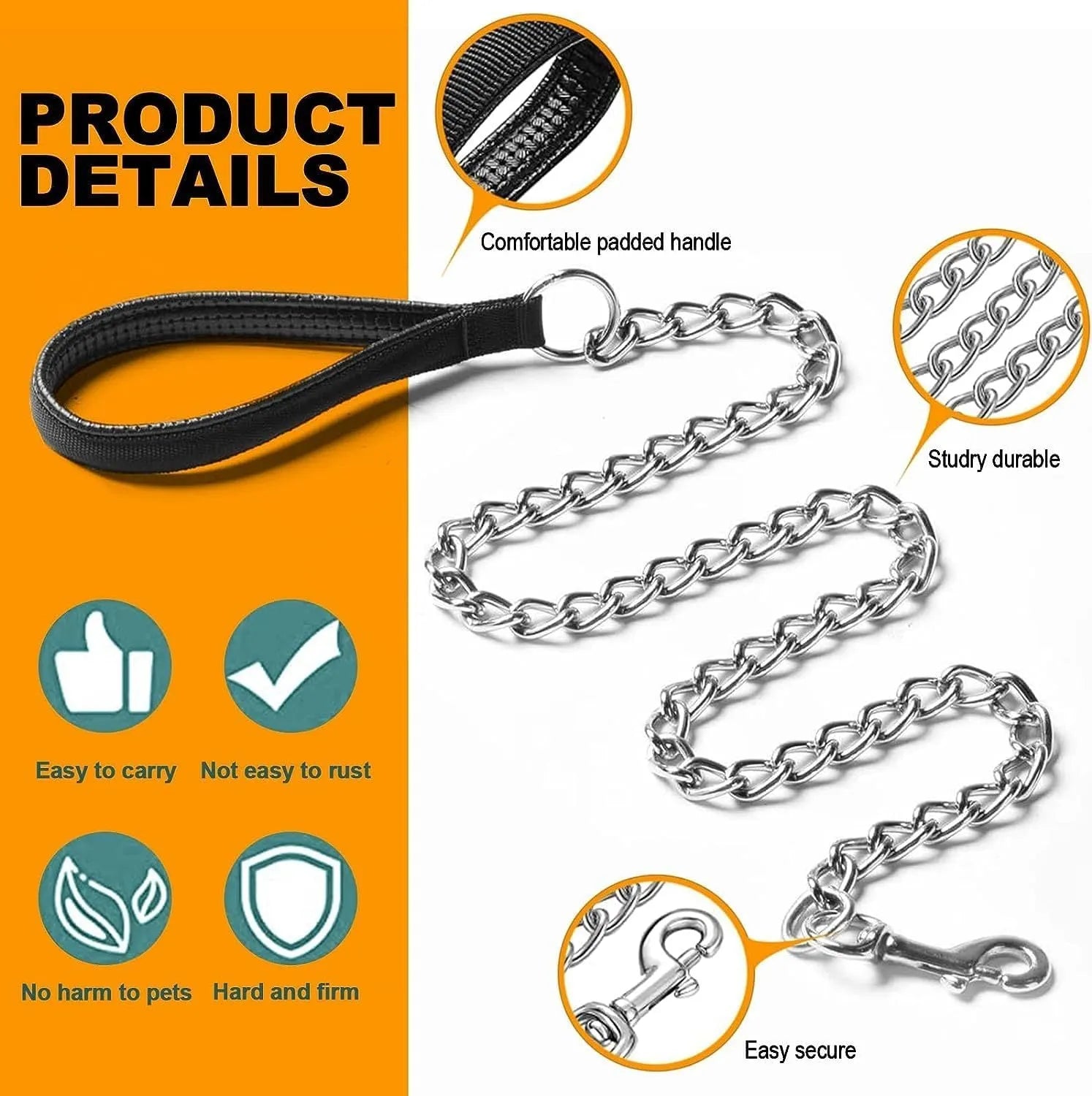 Heavy duty metal dog leash chain with soft padded handle in black, blue, or red for large medium dogs