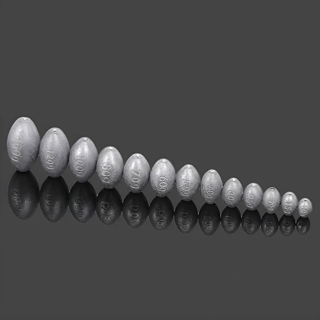 Tongxin style rugby-shaped olive lead fishing sinker with scale texture and plastic core, shown with weight options.