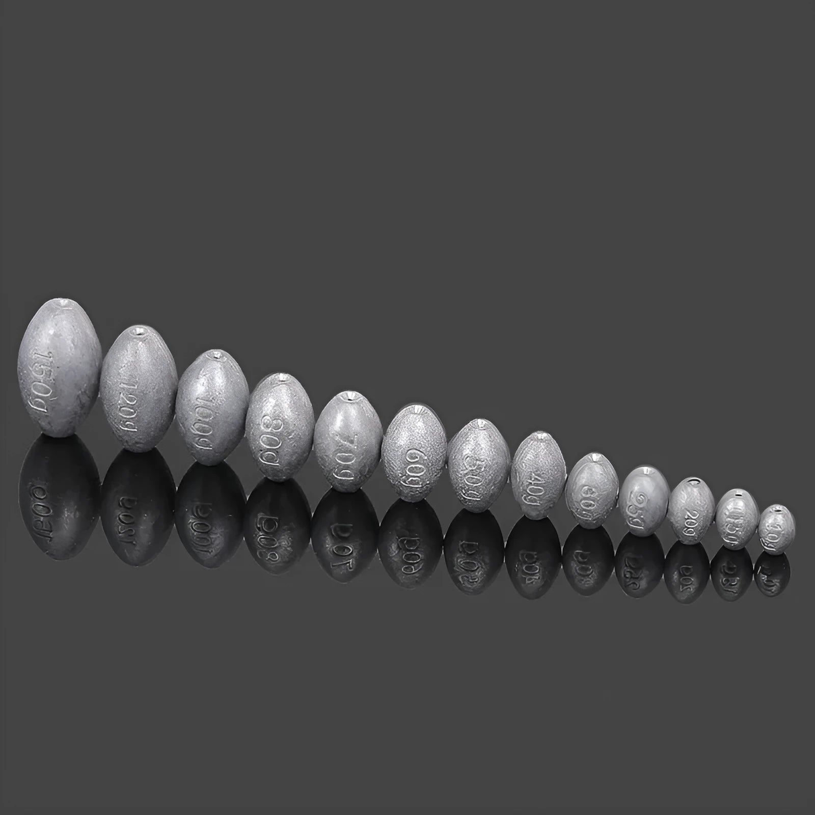 Tongxin style rugby-shaped olive lead fishing sinker with scale texture and plastic core, shown with weight options.