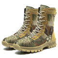Men's black and camouflage high-top mesh combat boots showing side profile and totem detail.
