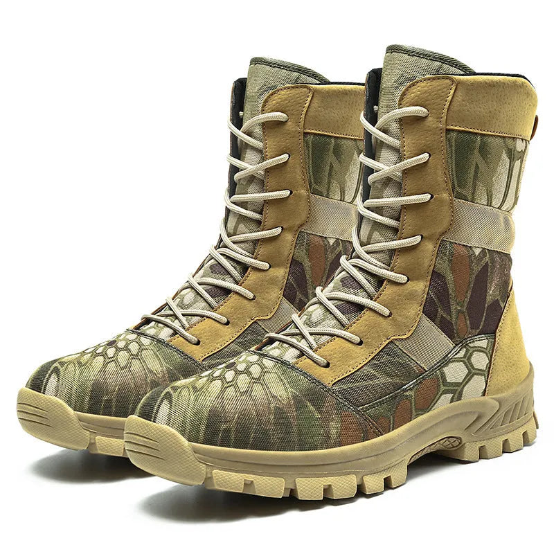 Men's black and camouflage high-top mesh combat boots showing side profile and totem detail.