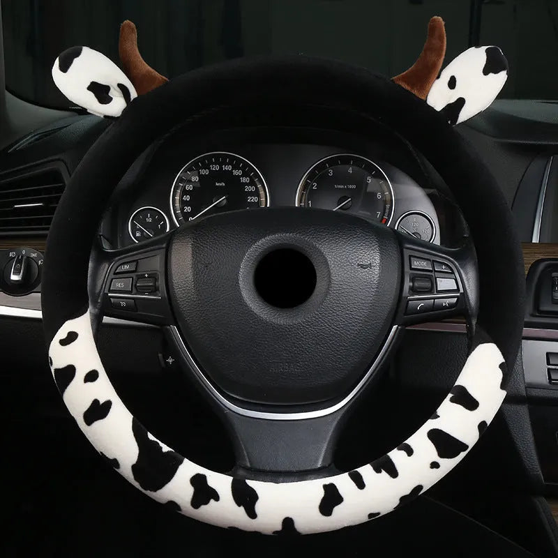 Short plush car steering wheel cover showing protective handle design in black colour