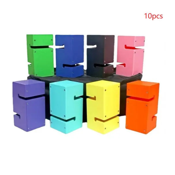Set of coloured ABS plastic blocks, ropes, and a frame for outdoor group building games and team challenges.