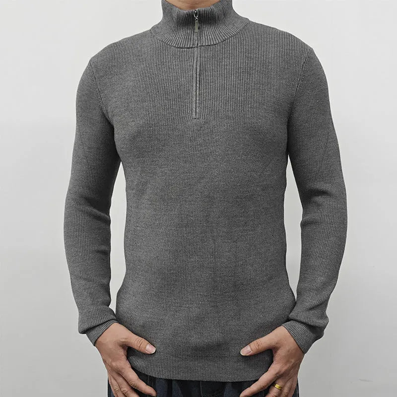 Men's grey half-turtleneck zipper sweater with British style pullover design