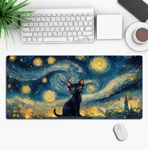Large custom anime print gaming mouse pad on a desk with keyboard and mouse.