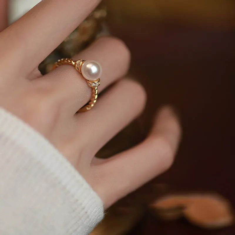 Copper geometric pearl ring with antique twist adjustable sizing
