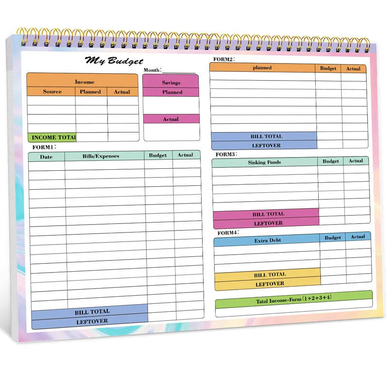 B5 spiral-bound budget tally book with PP cover open on a table, showing lined pages for income and expenditure recording.