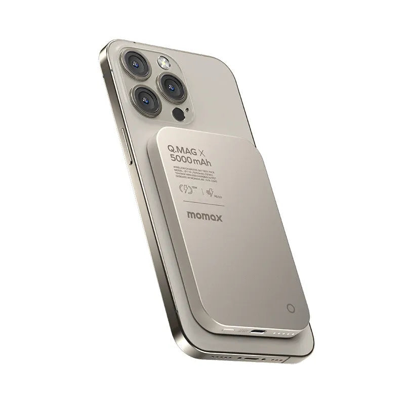 Titanium gold and black magnetic wireless alloy power bank with capacity options displayed.