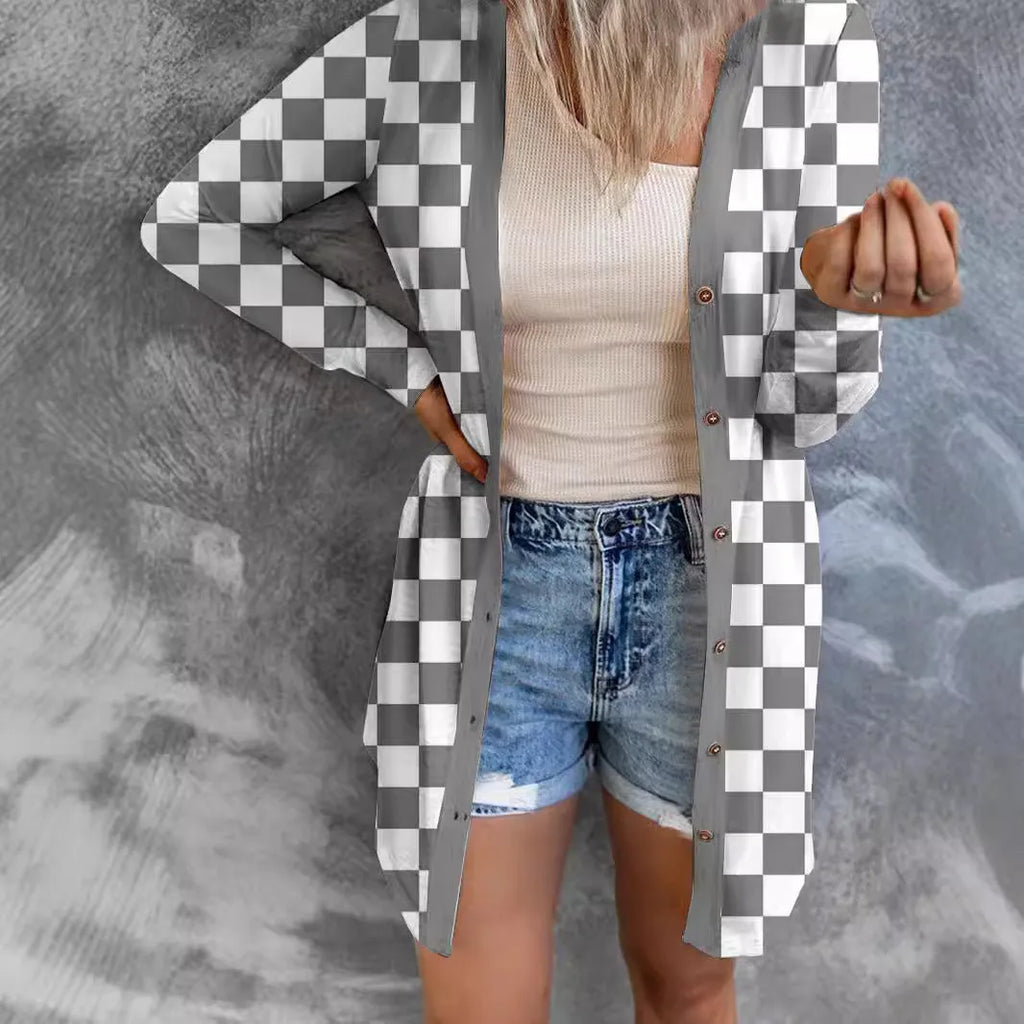 Women's long grey plaid cardigan coat with loose fit and regular sleeves
