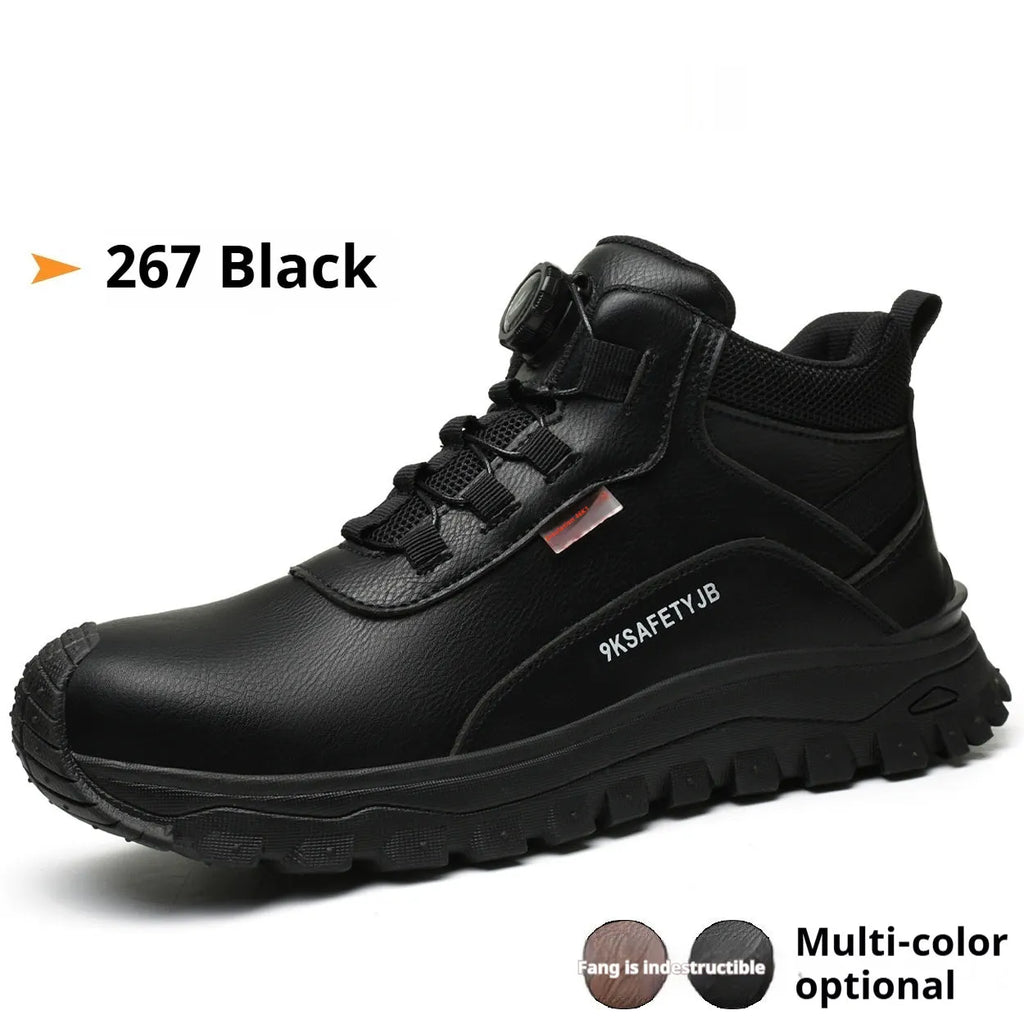 Flyknit safety work shoes with leather upper and rubber sole in multiple colour options
