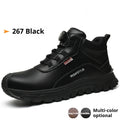 Flyknit safety work shoes with leather upper and rubber sole in multiple colour options