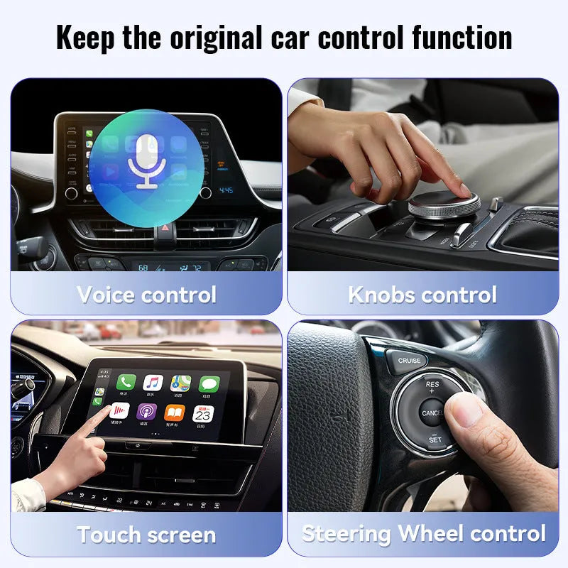 Black mini wireless CarPlay USB adapter showing compact 26×55×13mm dimensions with USB connector