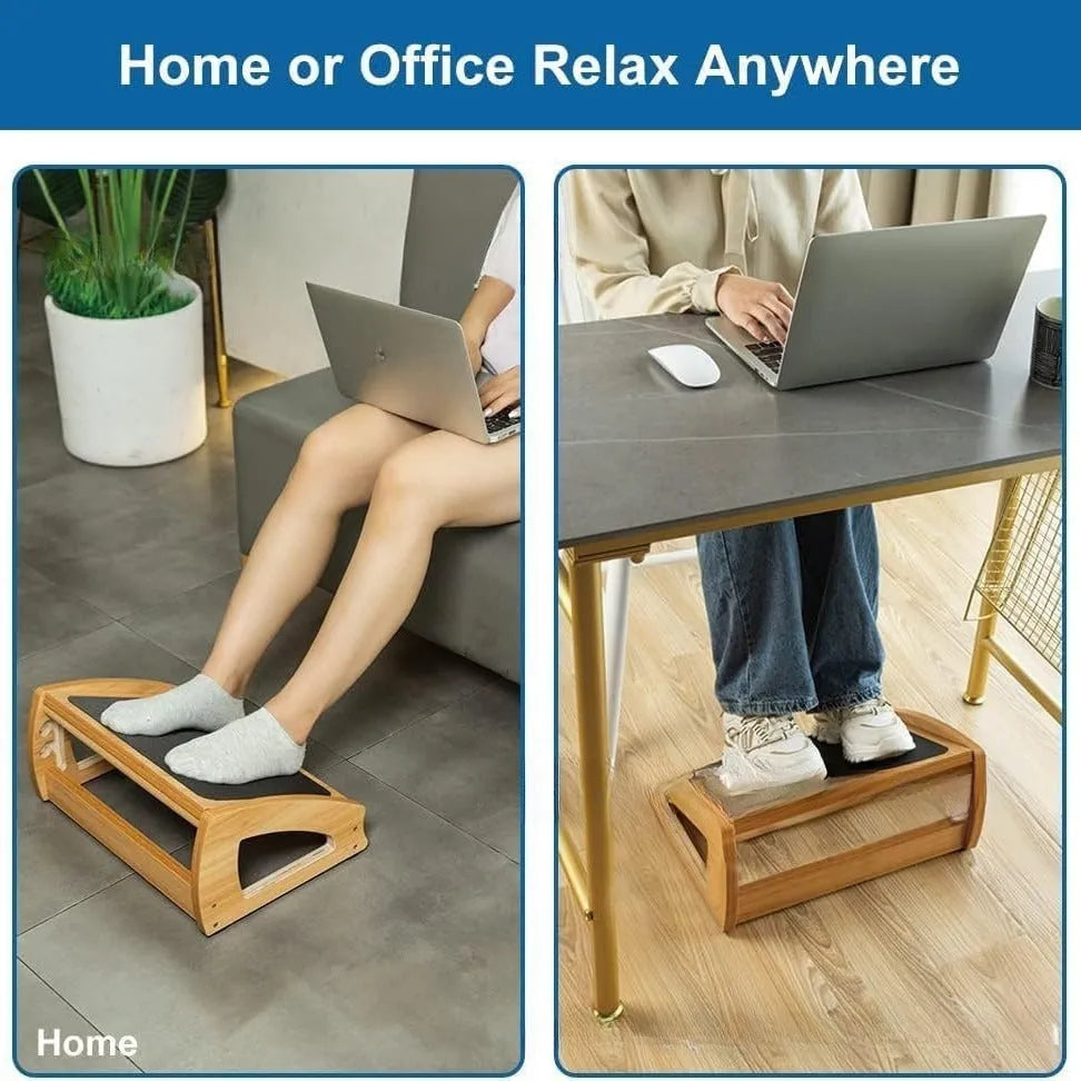 Natural wood colour bamboo adjustable office desk footstool for adult ergonomics.
