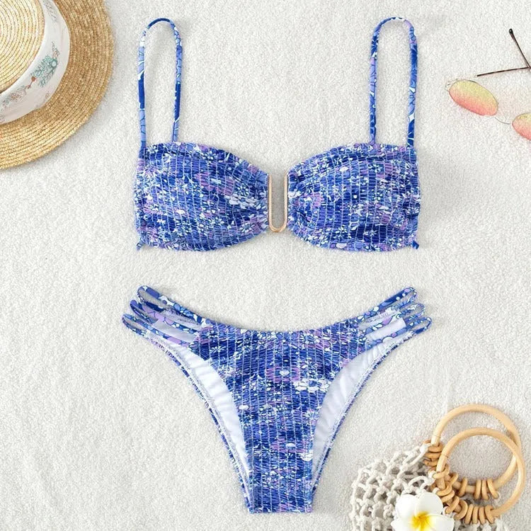 Women's floral bikini swimsuit in orange, blue and rose red colours with high-waist design