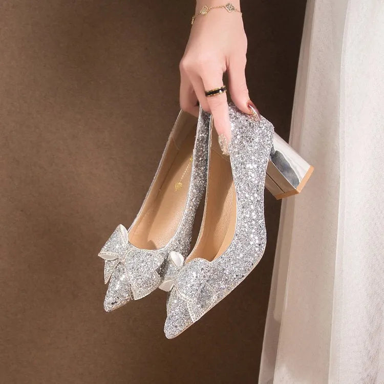 Crystal sequin chunky heel pointed-toe pumps in gold with 4.5cm heel