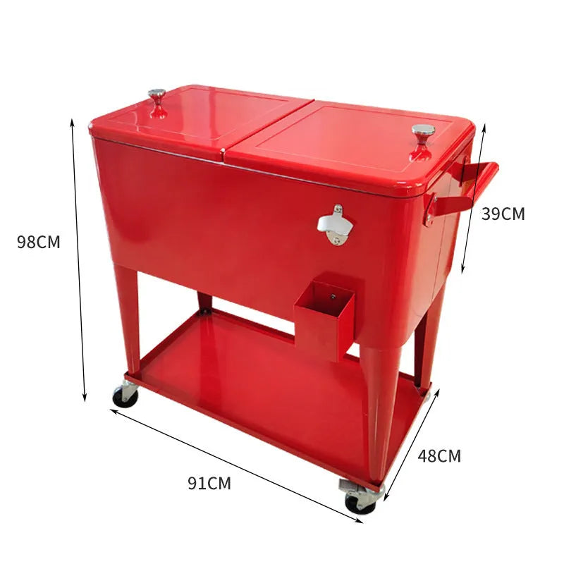 Red metal outdoor insulated picnic trolley with wheels and a 750 capacity.