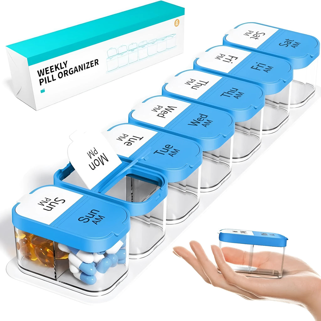 Extra large white or rainbow colour portable pill box with 14 removable compartments for medication organisation