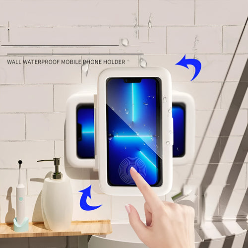 Bathroom waterproof phone case in Crescent White showing sealed touch screen and anti-fog window mounted on a tiled wall