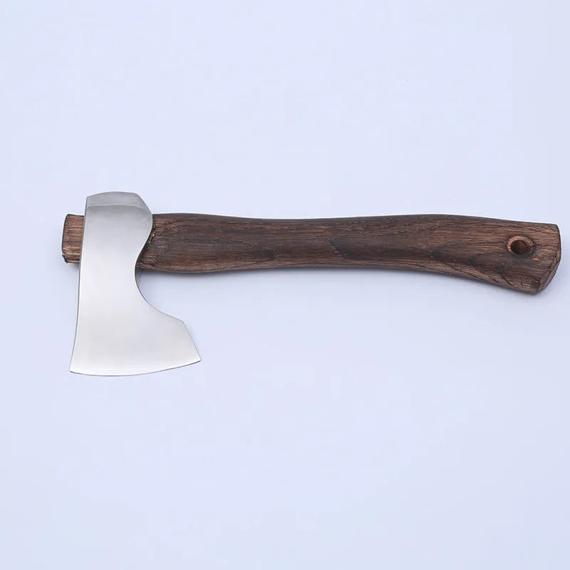 Camping axe with wooden handle and high-carbon steel blade on a neutral background